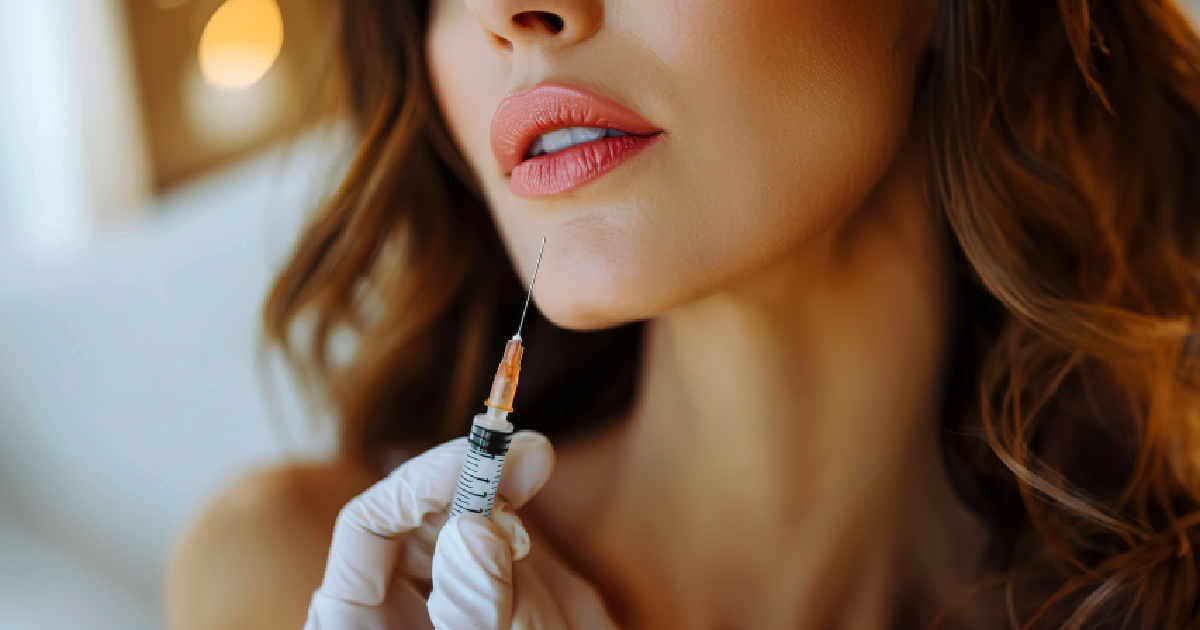 Woman getting a chin injection with Radiesse treatments from a gloved professional in Fall River, MA