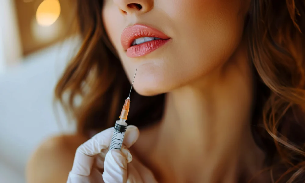 Woman getting a chin injection with Radiesse treatments from a gloved professional in Fall River, MA