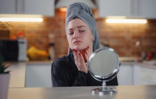 woman feeling shock while looking at acne on face. Aspirabody in Fall River, MA